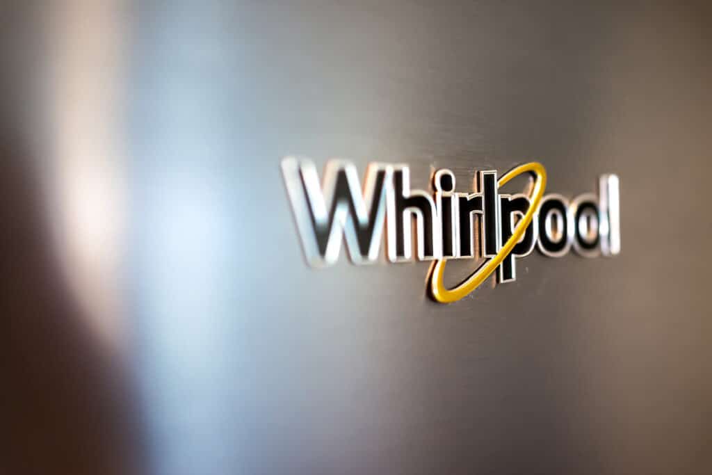 Close up of Whirlpool logo, representing the Arcelik Whirlpool merger.