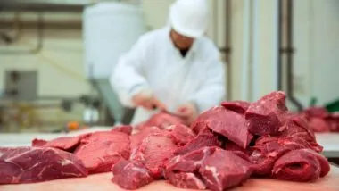 A worker cutting red meat, representing the meat plan workers settlement.