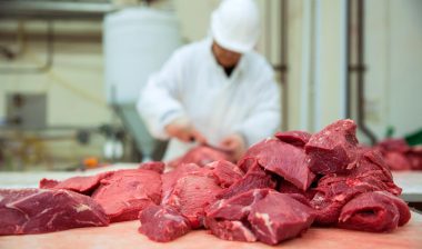 A worker cutting red meat, representing the meat plan workers settlement.