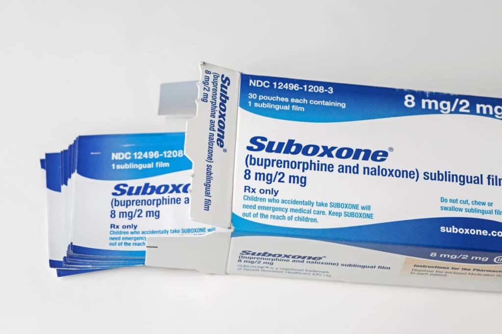 Close up of a box of Suboxone films, representing the Suboxone antitrust settlement.