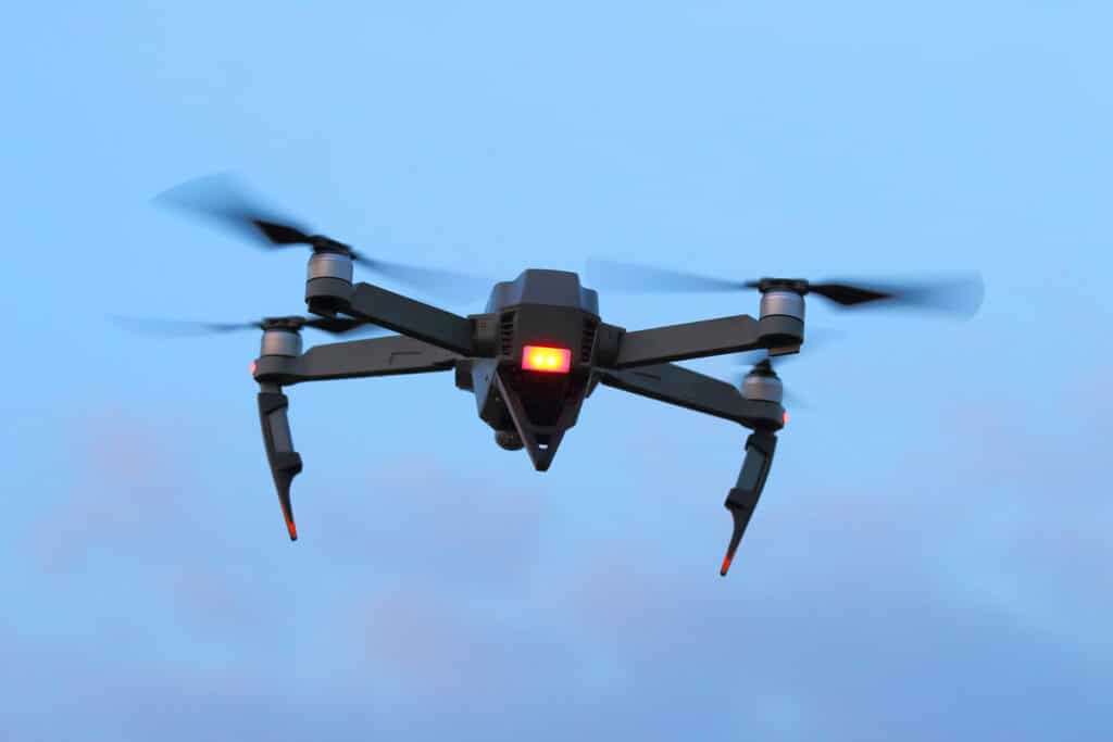 Close up of a drone flying in the sky, representing Homeland Security drones.