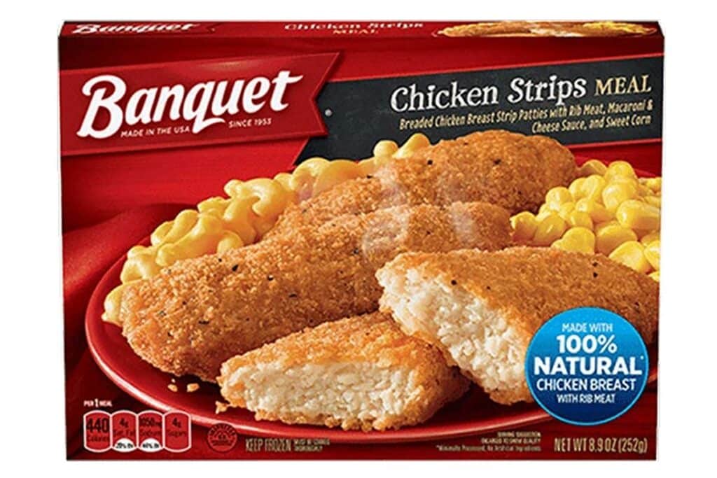 Product photo of recalled chicken strip meal by Banquet, representing the Banquet frozen chicken strips meal recall.