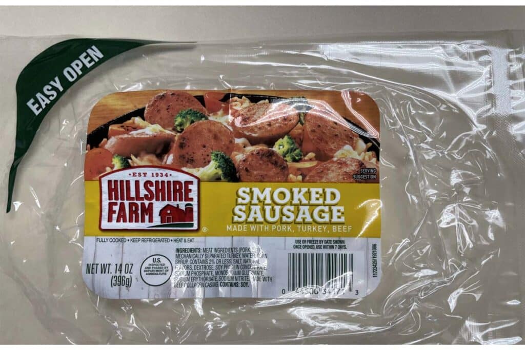 Product photo of recalled sausage, representing the Hillshire sausage recall.