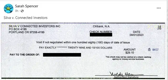 Connected Investors check 8-8-23 settlement checks