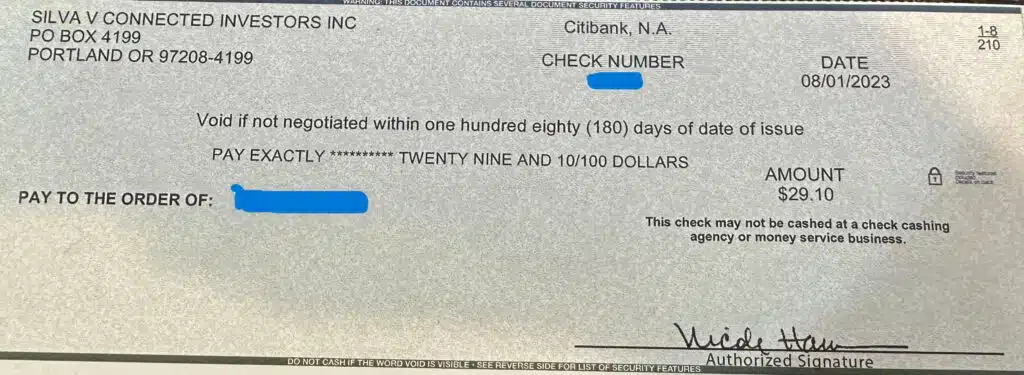 Connected Investors FB 8-7-23 settlement checks