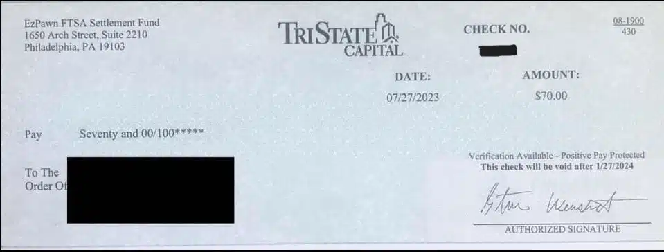 EZ Pawn site 7-31-23 settlement checks