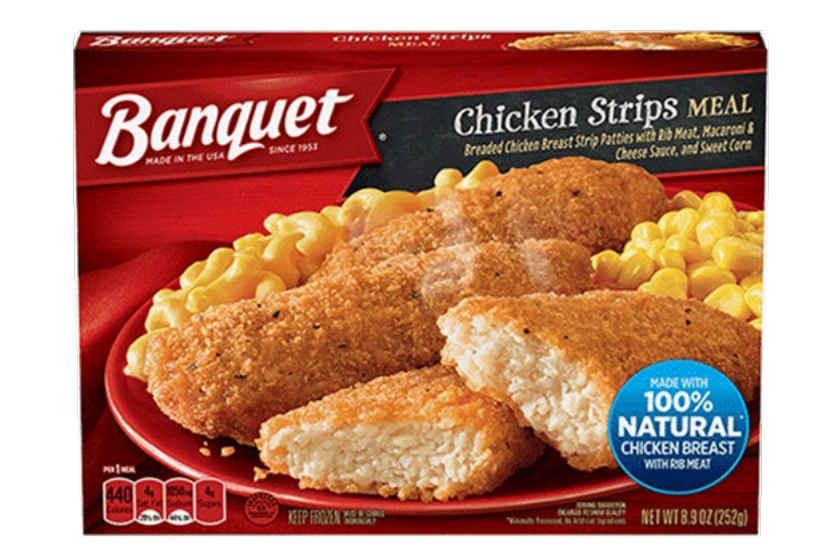 Delicious crispy fried breaded chicken breast strips with ketchup representing the Banquet chicken strip class action.