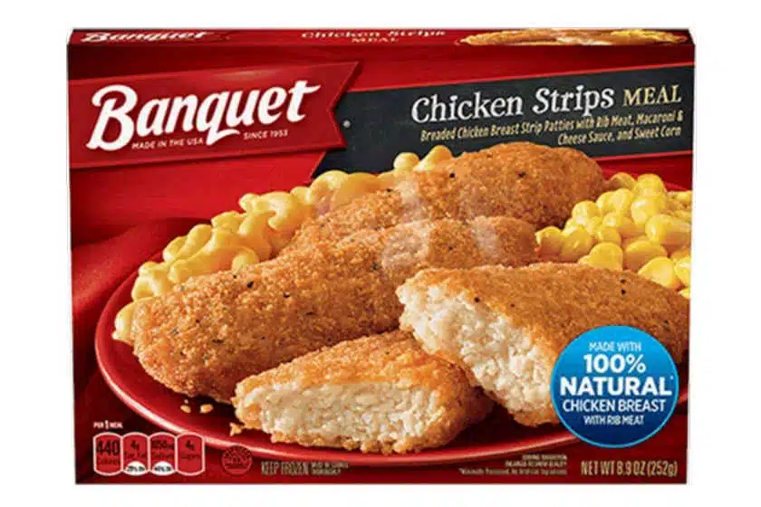 Delicious crispy fried breaded chicken breast strips with ketchup representing the Banquet chicken strip class action.