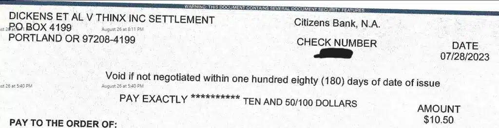 Thinx Check 8-9-23
settlement checks