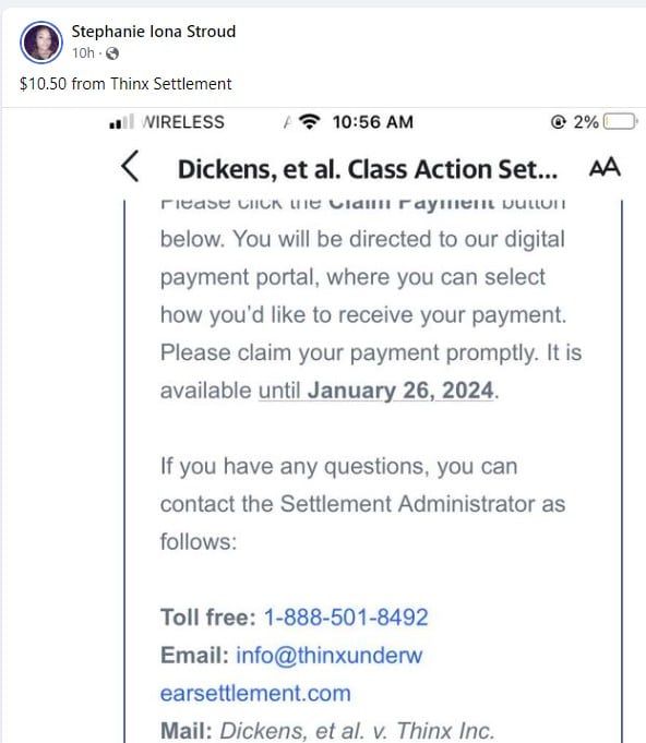 Thinx Site 7-30-23 settlement checks