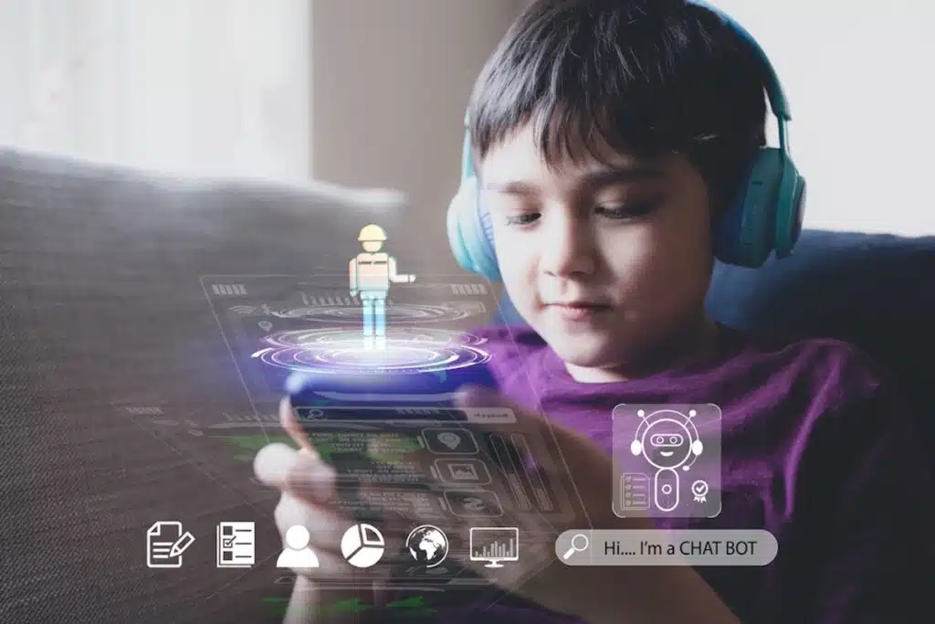 School kid holding mobile phone and wearing headphones talking or listening to a chatbot for homework representing the potential AI legislation.