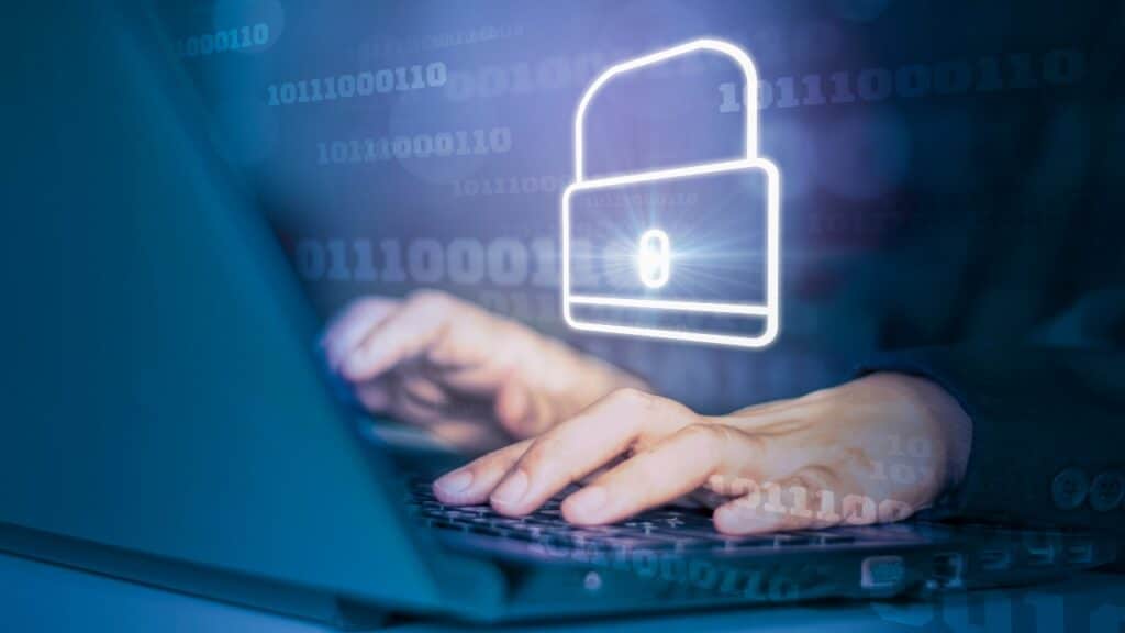 Hacker attack laptop computer with background icon binary, shield and padlock, concept hacking