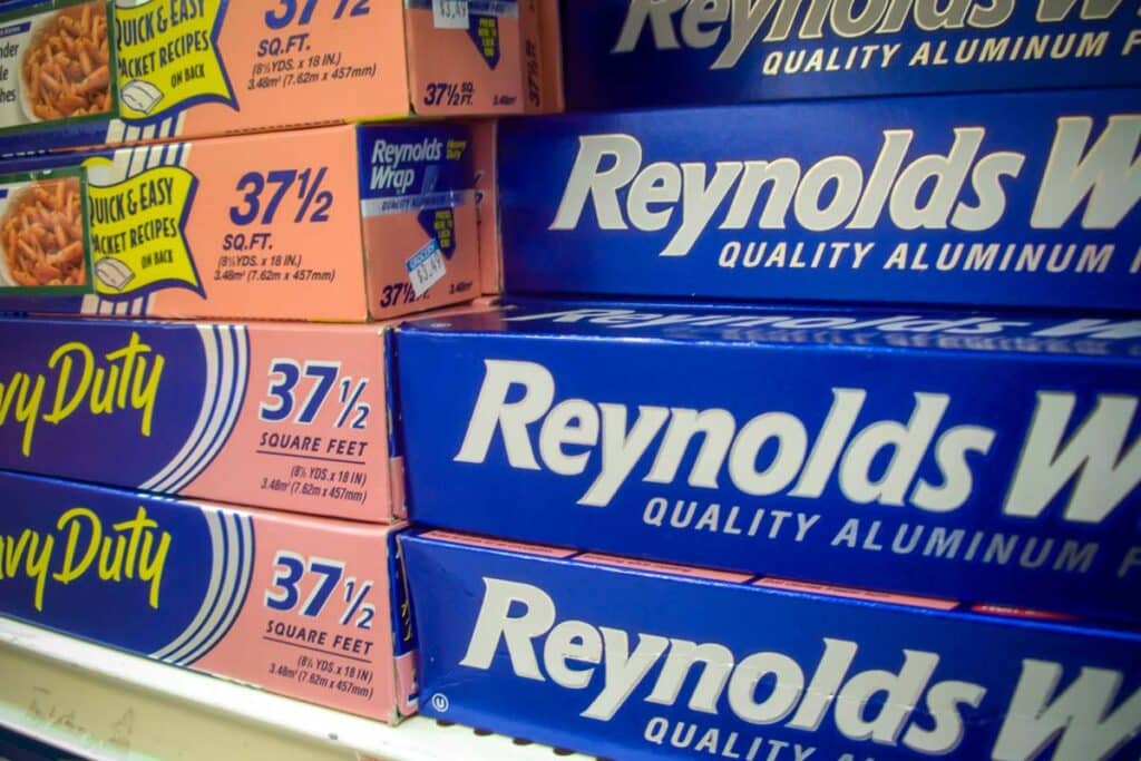 Close up of Reynolds foil products on a grocery store shelf, representing the Reynolds foil class action.