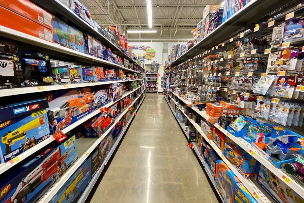 Toy section empty isle inside a super center store representing the children's product recall roundup.