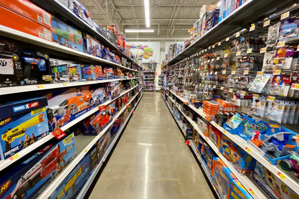 Toy section empty isle inside a super center store representing the children's product recall roundup.