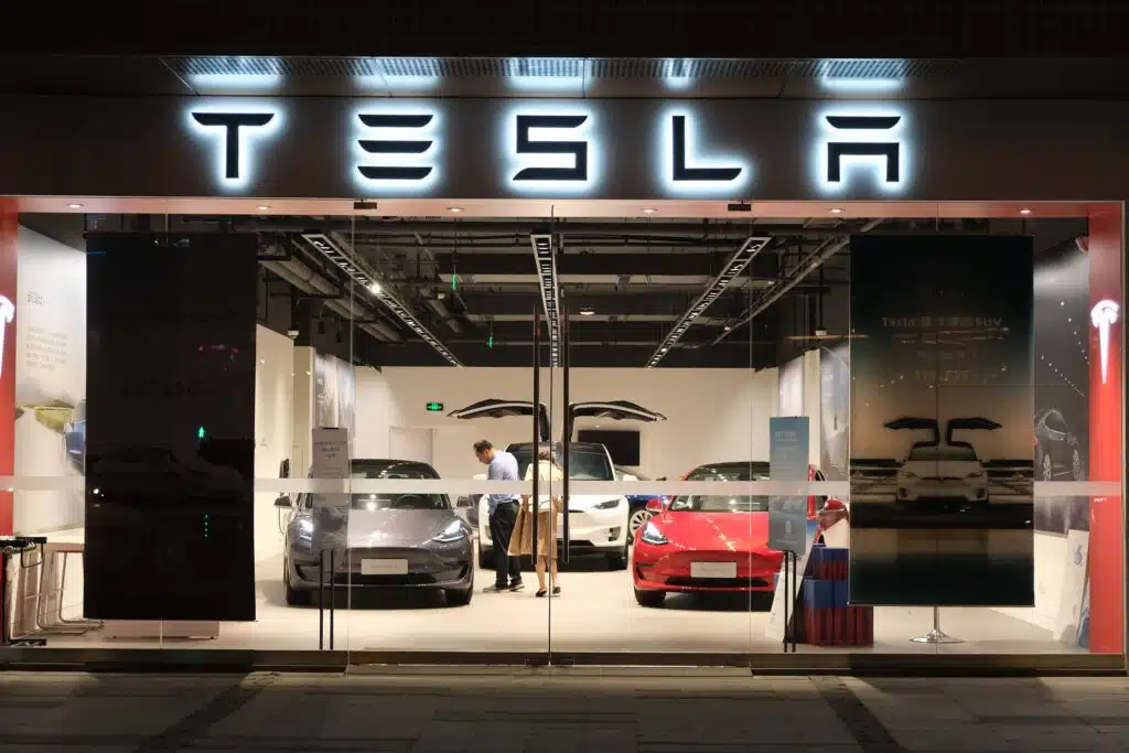 Exterior of a Tesla store, representing the Tesla data breach class action.
