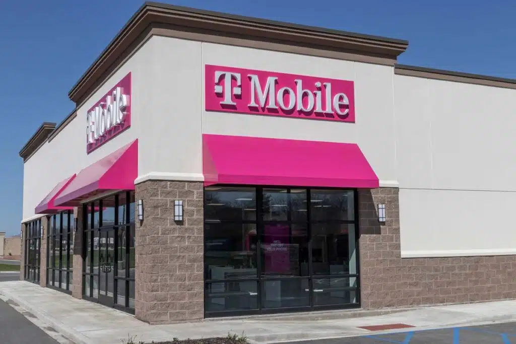 Exterior of a T Mobile store, representing T-Mobile account info.