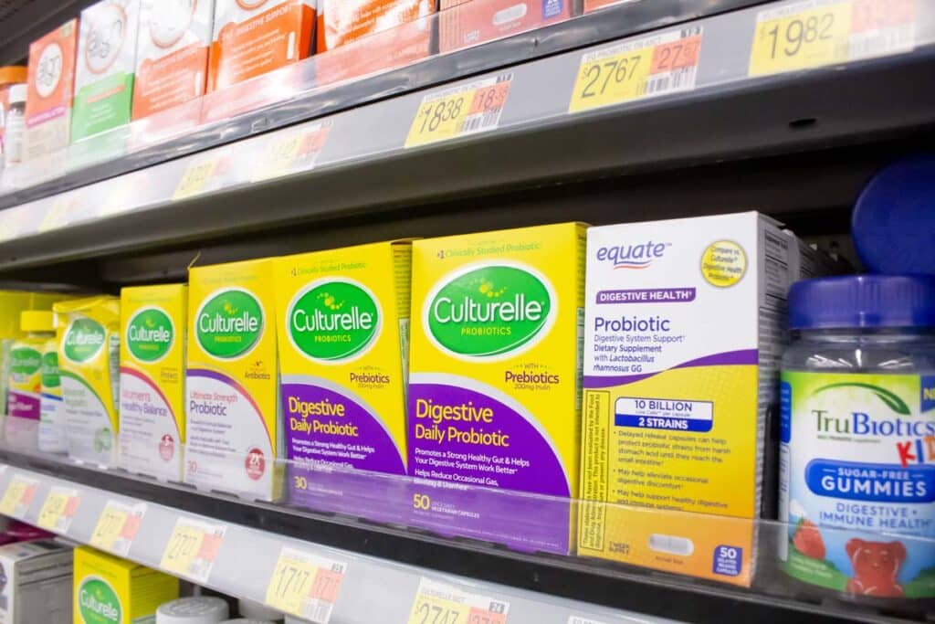 Culturelle products on a grocery store shelf, representing the Culturelle Ultimate Balance for Antibiotics class action.