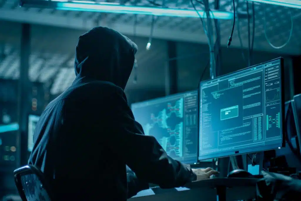 Hooded hacker using a computer, representing the Freecycle data breach.