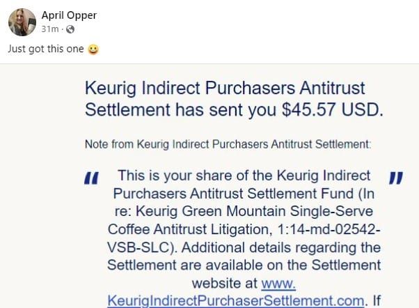 Keurig FB 8-25-23 settlement checks
