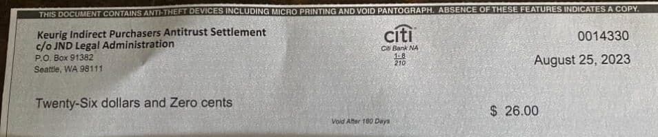 Keurig FB 8-28-23 settlement checks
