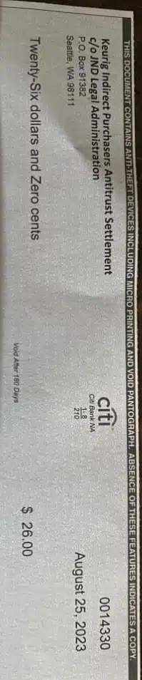 Keurig FB 8-28-23 settlement checks