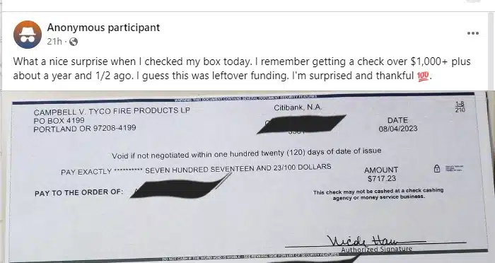 Tyco Fire Products 2nd Dist FB 8-11-23 settlement checks