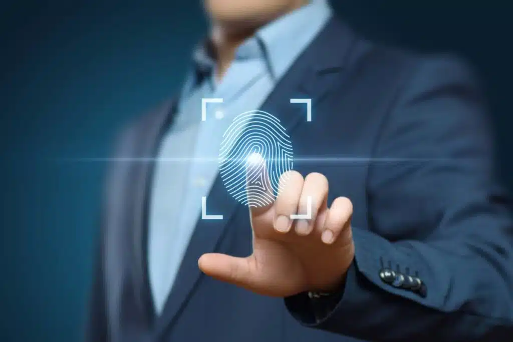 Close up of a businessman's hand with a fingerprint graphic overlay, representing the Reilly Foam class action settlement.