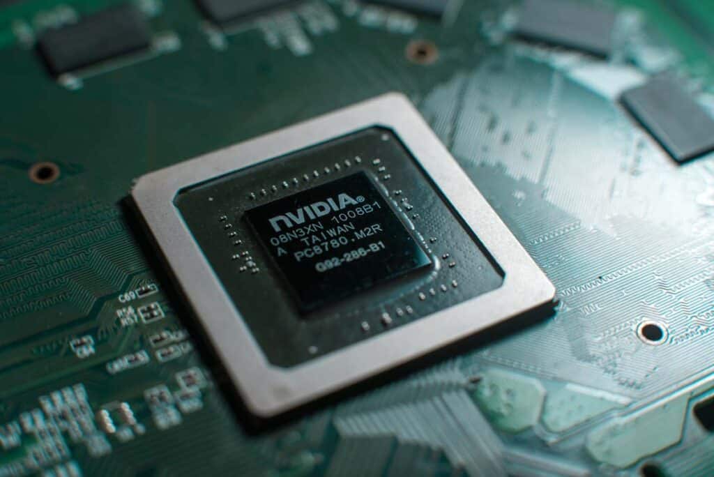 Close up of an NVIDIA chip, representing AI chips.