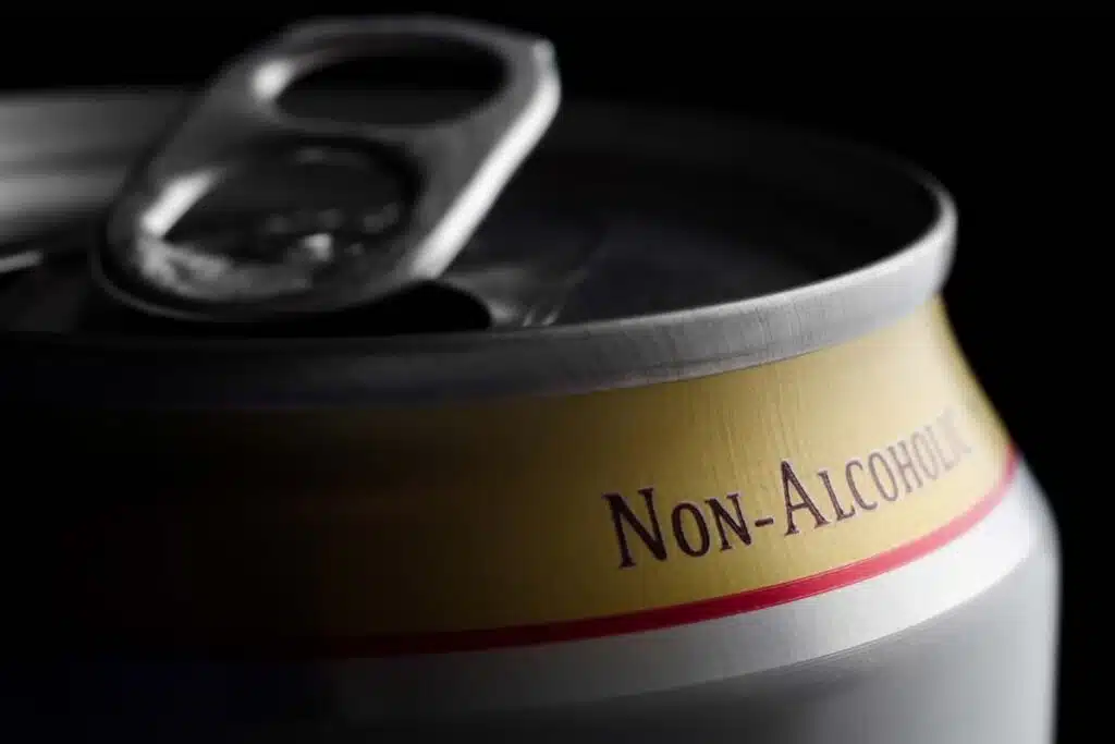 Close up of non-alcoholic label on a beverage can, representing nonalcoholic adult beverages.