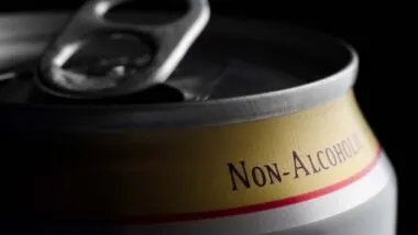 Close up of non-alcoholic label on a beverage can, representing nonalcoholic adult beverages.