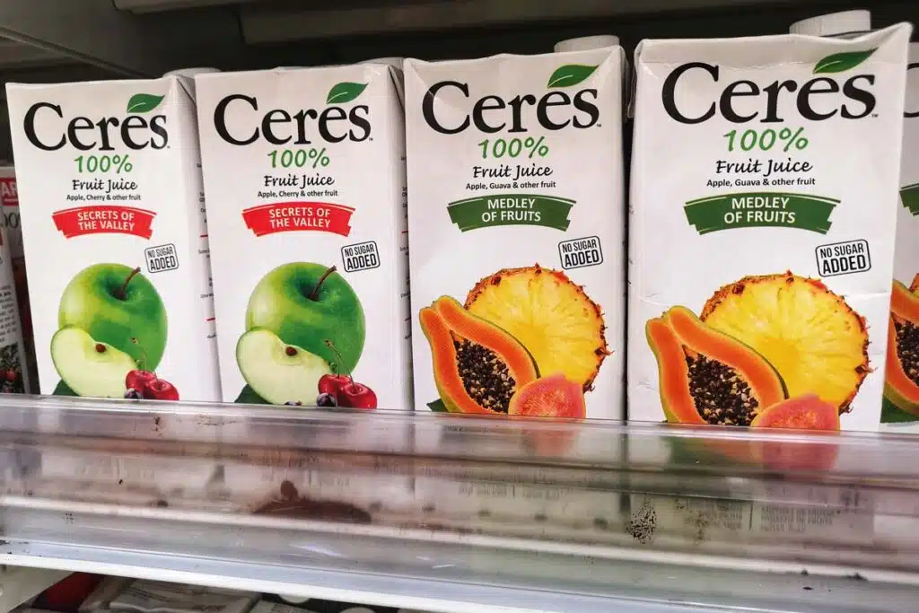 Close up of Ceres juice products on a grocery store shelf, representing the Pepsi class action.