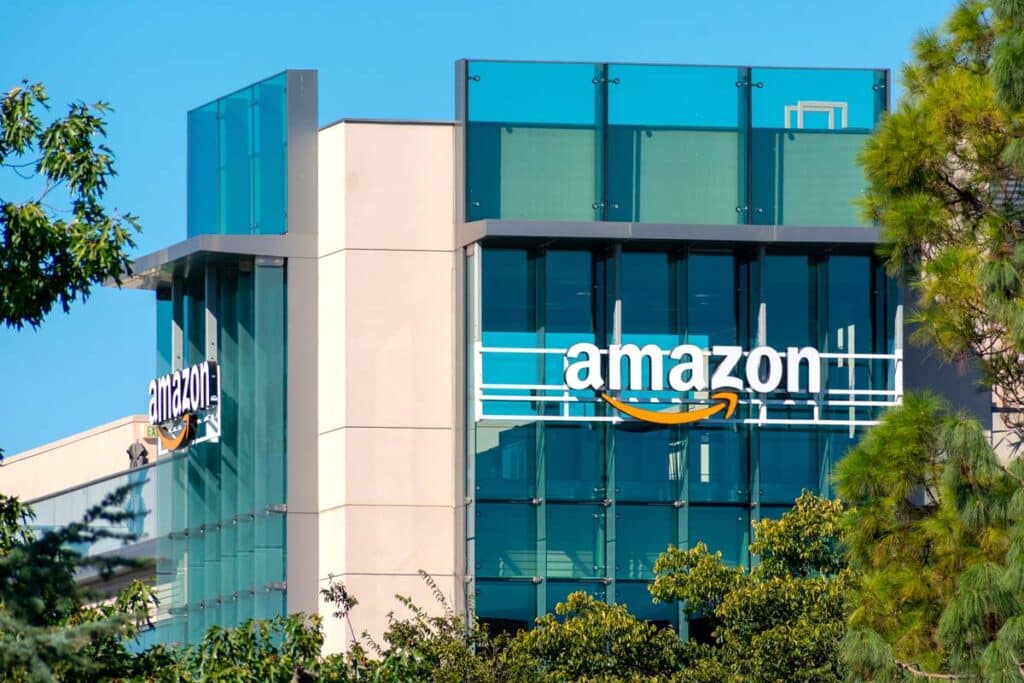 Amazon signage on a building, representing the Amazon hostile work environment lawsuit.