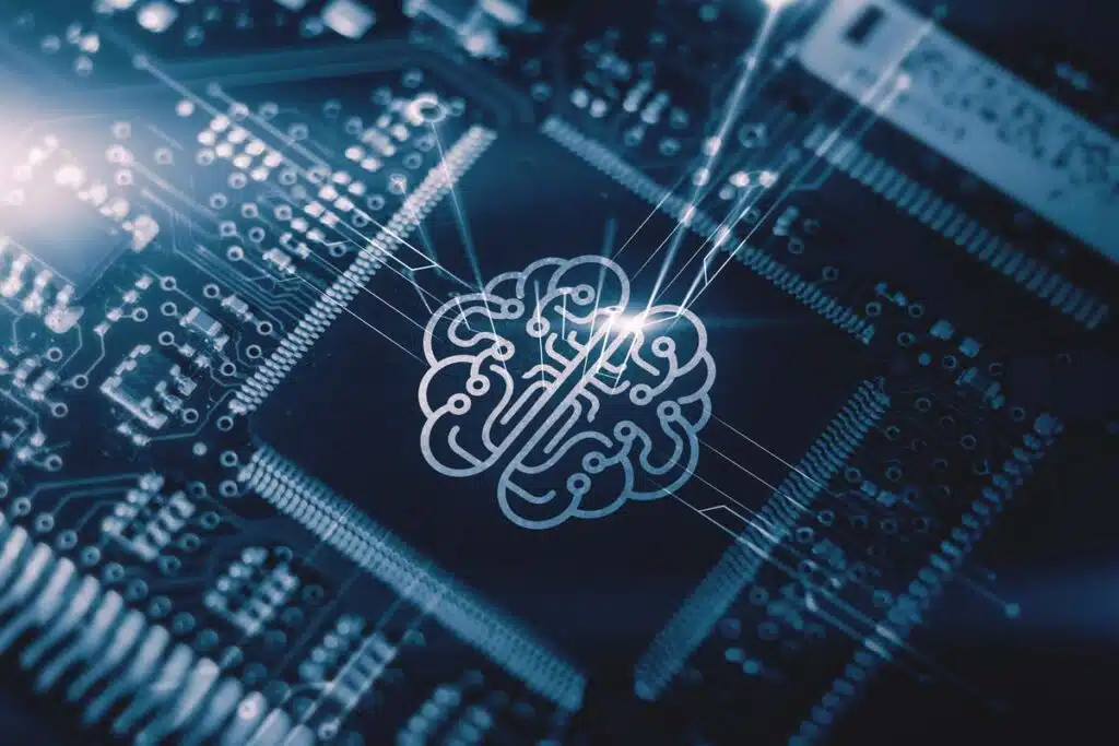 Close up of a brain graphic on a motherboard, AI learning concept, representing the AI class action.