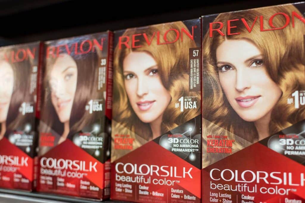 Close up of Revlon hair coloring products on a shelf, representing the Revlon hair color class action.
