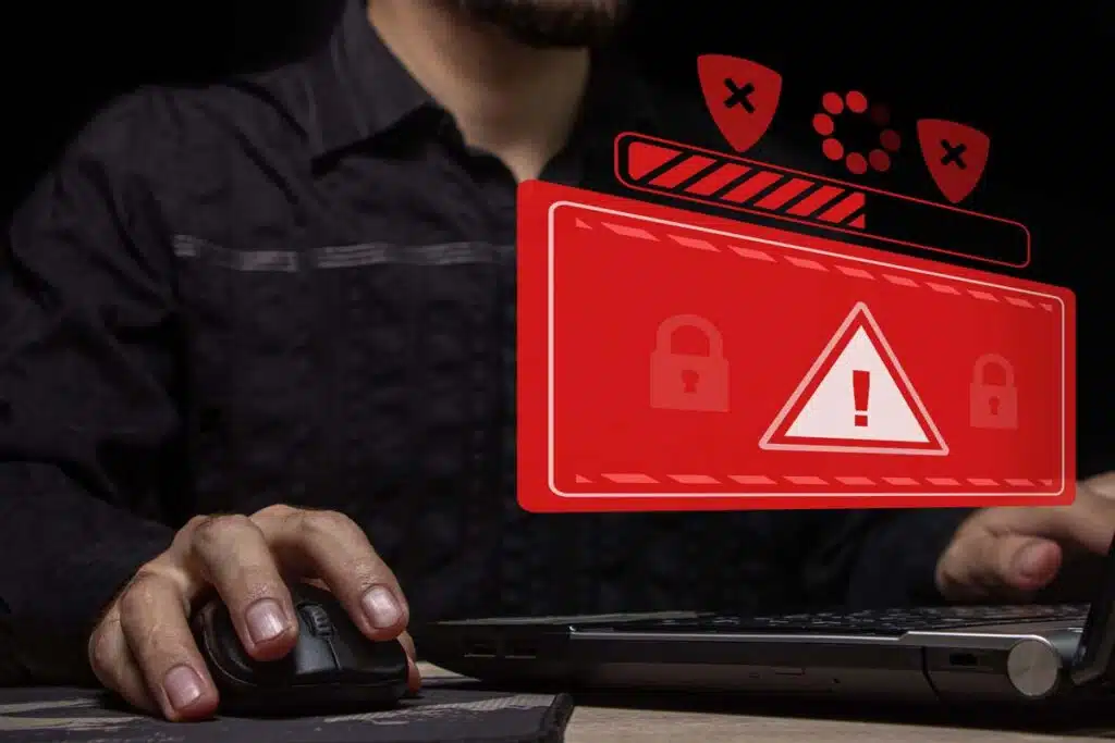A man using a computer with data breach concept overlay, representing the Magellan Health data breach class action lawsuit settlement.