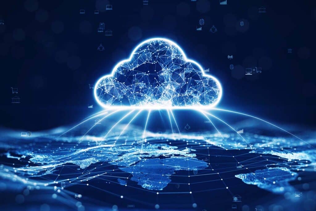 Graphic of a cloud distributing data atop a globe, representing the UK data transfer agreement.
