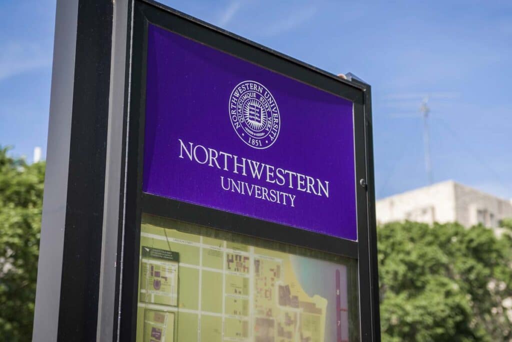 Close up of Northwestern University signage, representing the Northwestern football coach Pat Fitzgerald lawsuit.
