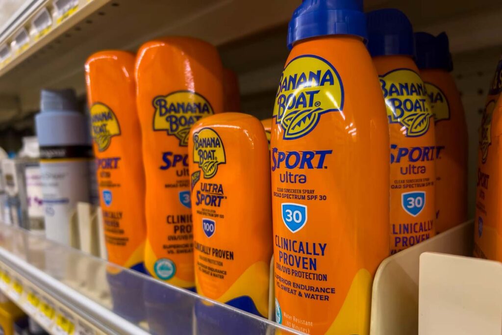 Close up of Banana Boat products on a grocery store shelf, representing the Banana Boat facial sunscreen class action.