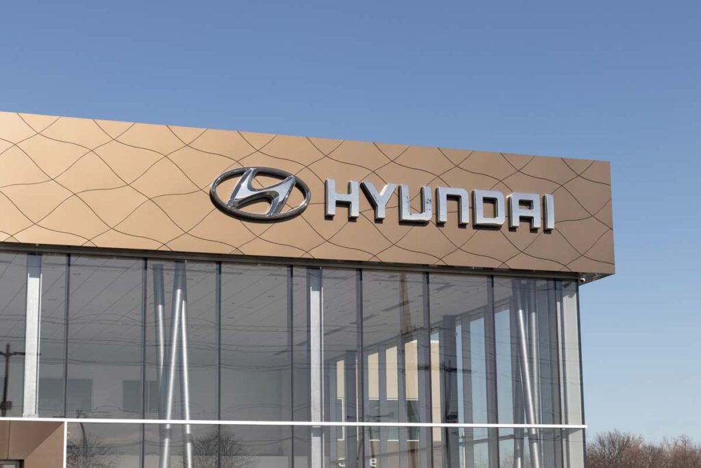 Close up of Hyundai signage, representing the Hyundai and Kia fire recalls.