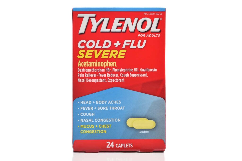 Product photo of Tylenol Cold and Severe, representing the Tylenol and Mucinex class action lawsuit.