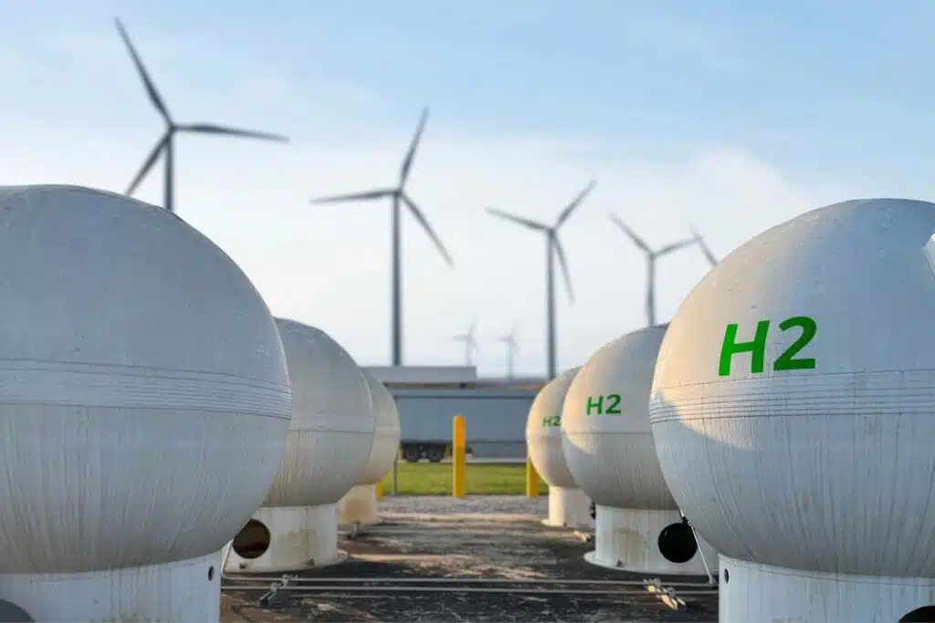 Hydrogen hubs against a blue sky, representing the Biden investment in clean hydrogen hubs.