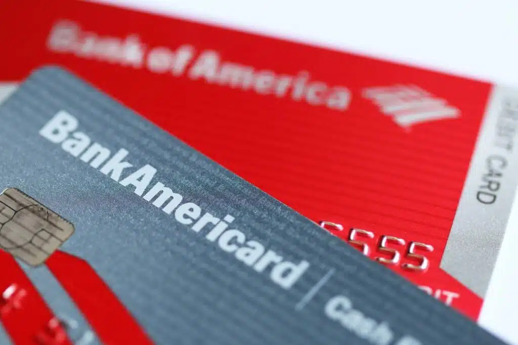 Close up of Bank One of America cards, representing the Bank of America class action.