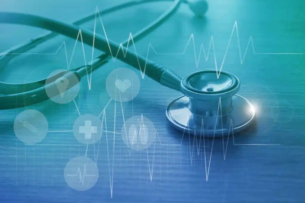 Close up of stethoscope with a health data concept graphic overlay, representing the 90 Degree Benefits class action lawsuit settlement.