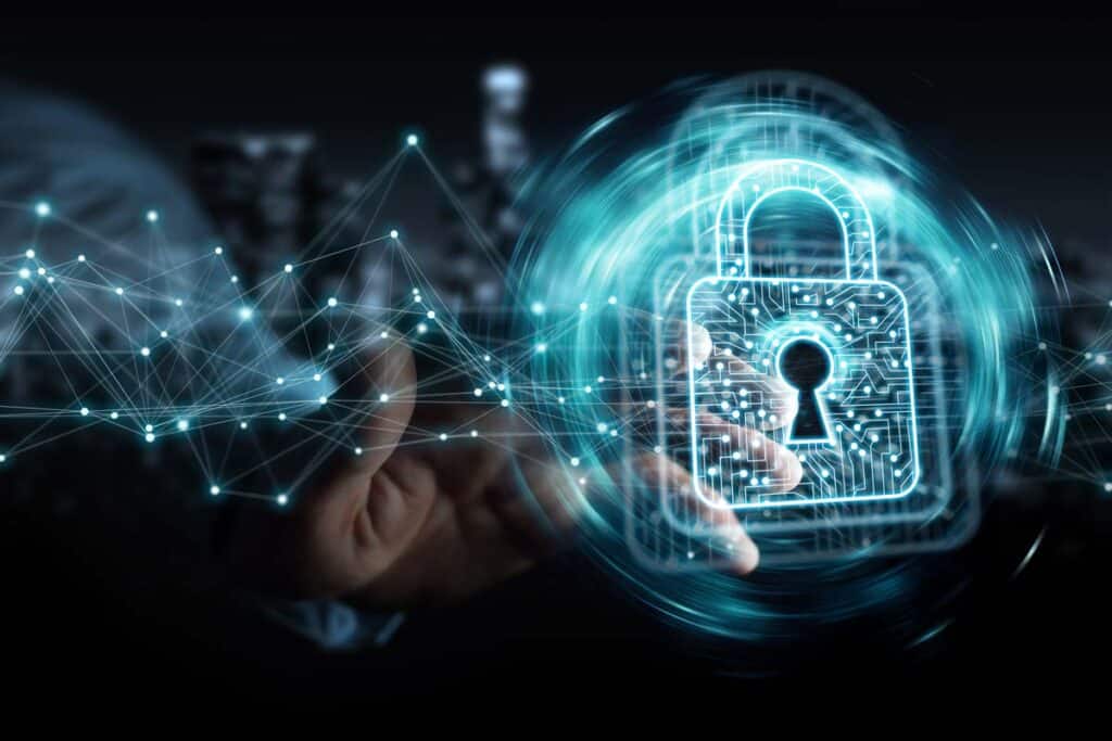 Close up of a businessman's hand with a data breach concept overlay, representing the Blackbaud data breach settlement.
