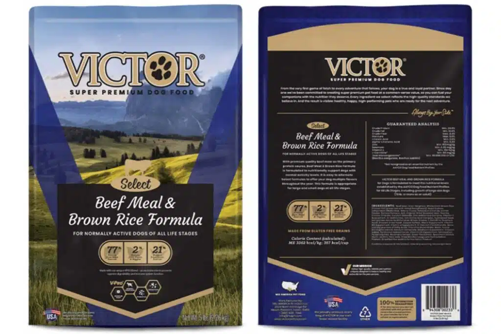 Product photo of recalled dog food by Victor, representing the dog food recall.