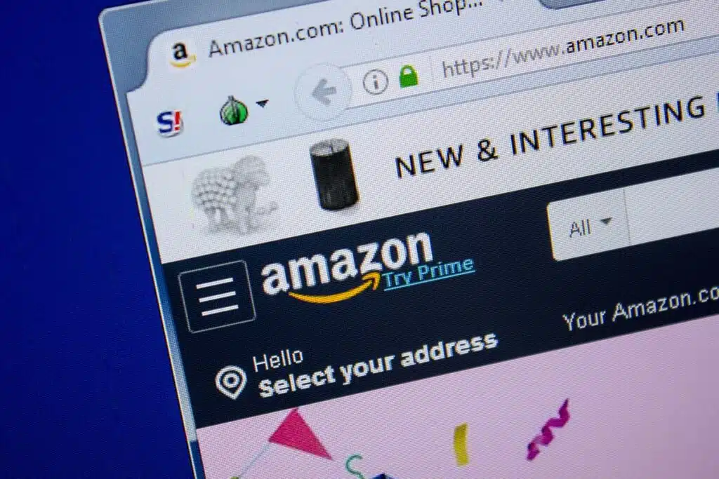 Close up of the Amazon website on a computer screen, representing the counterfeits lawsuits.