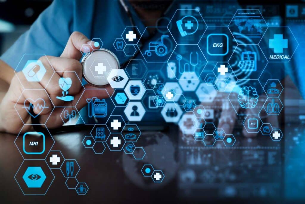 Close up of a medical professional holding a stethoscope with a health data overlay, representing the McLaren data breach.