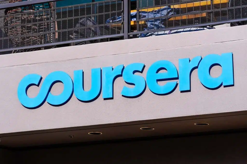 Close up of Coursera signage, representing the Coursera class action.