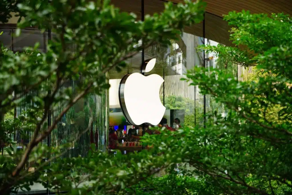 Apple logo signage, representing the Apple payment app class action.